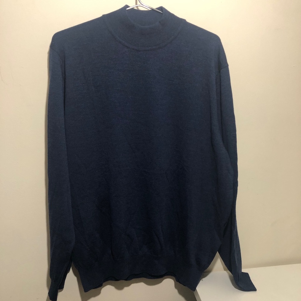 John W Nordstrom XL 100% Extra Fine Merino Wool Mock Neck Sweater Blue Italy